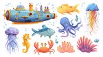 海底生物與潛水艇插畫素材