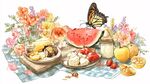 夏日繽紛水果野餐插畫