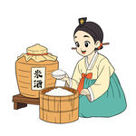 韓服女子制作傳統(tǒng)米酒食品