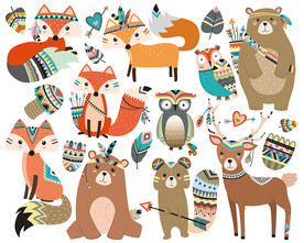印第安手绘卡通动物墙贴设计素材