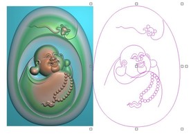 椭圆弥勒佛蝙蝠玉雕挂件精雕图