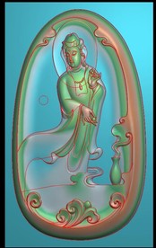 椭圆净瓶观音玉雕挂件精雕图浮雕