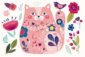 可爱猫咪植物矢量卡通背景墙