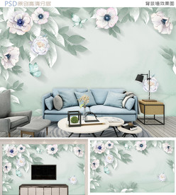 3D唯美蝶恋花水彩背景墙