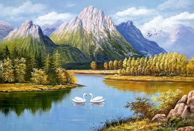 风景油画天鹅湖