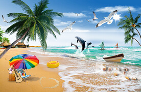 海邊沙灘椰樹電視背景墻