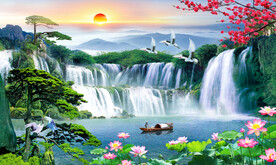 迎客松瀑布流水生财挂画