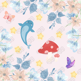 可愛花朵鯨魚蘑菇蝴蝶插畫