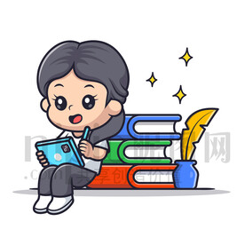 可愛(ài)卡通用心學(xué)習(xí)的小女孩