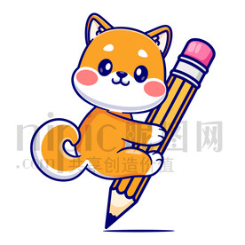 可愛卡通爬上鉛筆的小狗插畫素材
