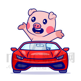 可愛卡通坐小汽車的小豬