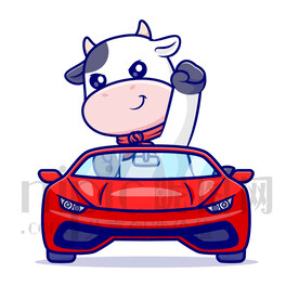 可爱卡通坐小汽车的小牛奶