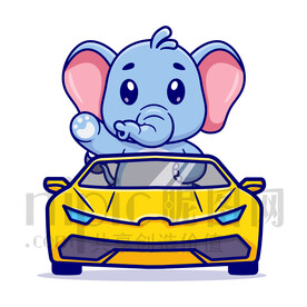 可愛卡通坐小汽車的大象