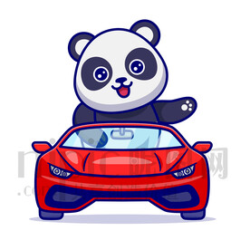 可愛卡通坐小汽車的大熊貓