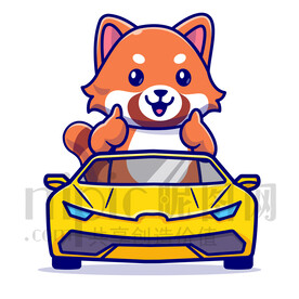 可愛卡通坐小汽車的小浣熊