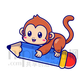 可愛卡通爬在鉛筆上的猴子