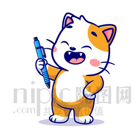 可愛卡通拿鉛筆的小貓咪