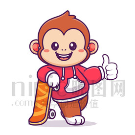 可愛卡通玩滑板的猴子