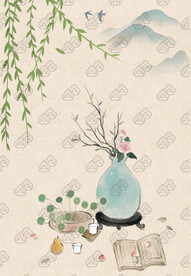 古風中國風花瓶柳葉插畫壁紙