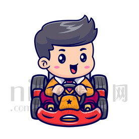 可愛卡通開卡丁車的小男孩