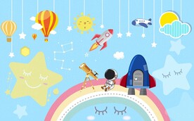 卡通太空人星星儿童房背景墙图片