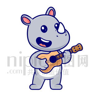 可愛卡通彈吉他的犀牛