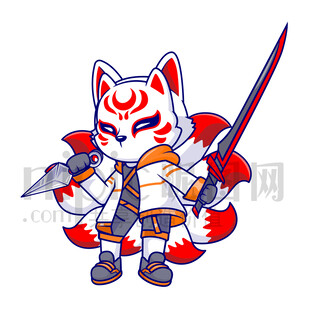 卡通九尾狐拿武器的忍者裝扮