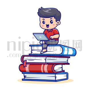 可愛卡通坐在書籍上的小男孩