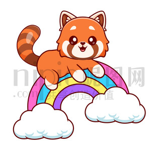 可愛卡通趴在彩虹上的小熊貓
