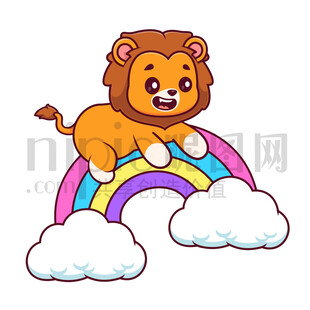 可愛卡通趴在彩虹上的獅子