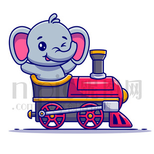 可愛卡通坐火車的大象