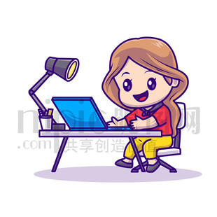 可愛卡通商務(wù)辦公人士女生電腦