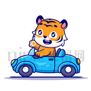 可愛卡通開小汽車的老虎