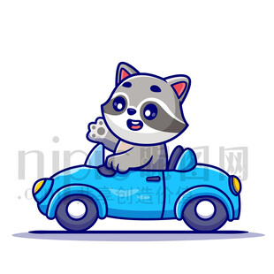 可愛卡通開小汽車的小浣熊