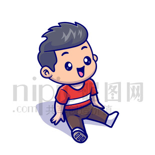可愛卡通坐地上的小男孩