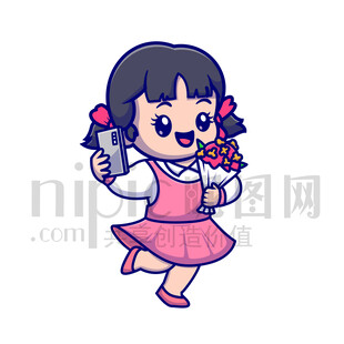 可爱卡通小女孩抱着花