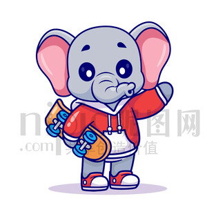 可愛卡通玩滑板的大象