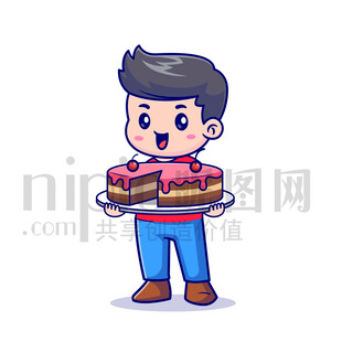 可愛卡通抱著生日蛋糕的男孩
