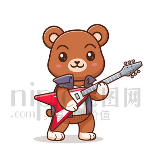 可愛卡通彈貝斯的棕熊狗熊