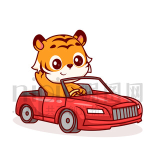 可愛卡通開車的老虎