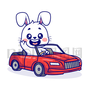 可愛卡通開車的小白兔