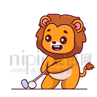 可愛卡通打高爾夫球的獅子