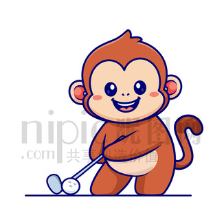 可愛卡通打高爾夫球的猴子