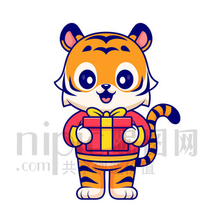 可愛(ài)卡通抱著禮物禮品的老虎