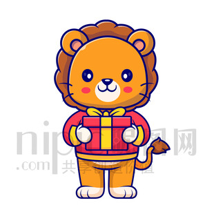 可愛卡通抱著禮物禮品的獅子
