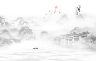 新中式水墨江南水鄉(xiāng)背景墻