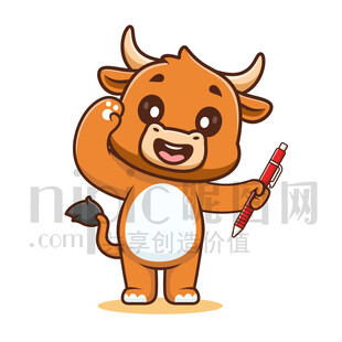 可愛卡通拿著筆敬禮的公牛