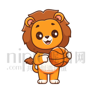 可愛卡通抱著籃球的獅子