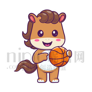 可愛卡通抱著籃球的馬