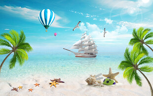 藍天白云沙灘大海背景墻